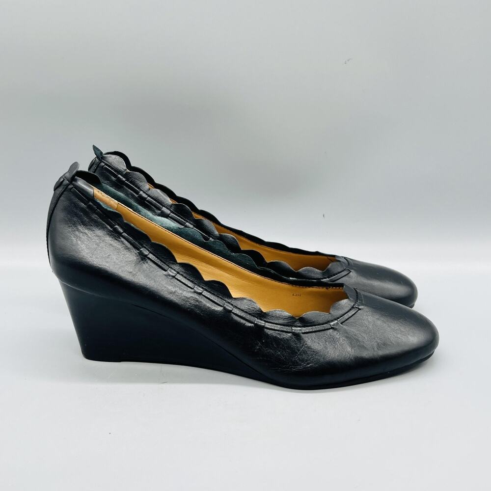 Jack Rogers Shoes Womens 8.5 Black Leather Scalloped Wedge Heel Round Toe Pumps